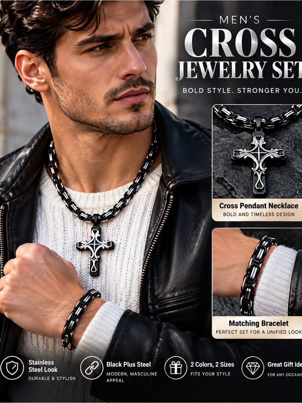 2PC Men's Black & Steel Cross Pendant Necklace & Bracelet Set